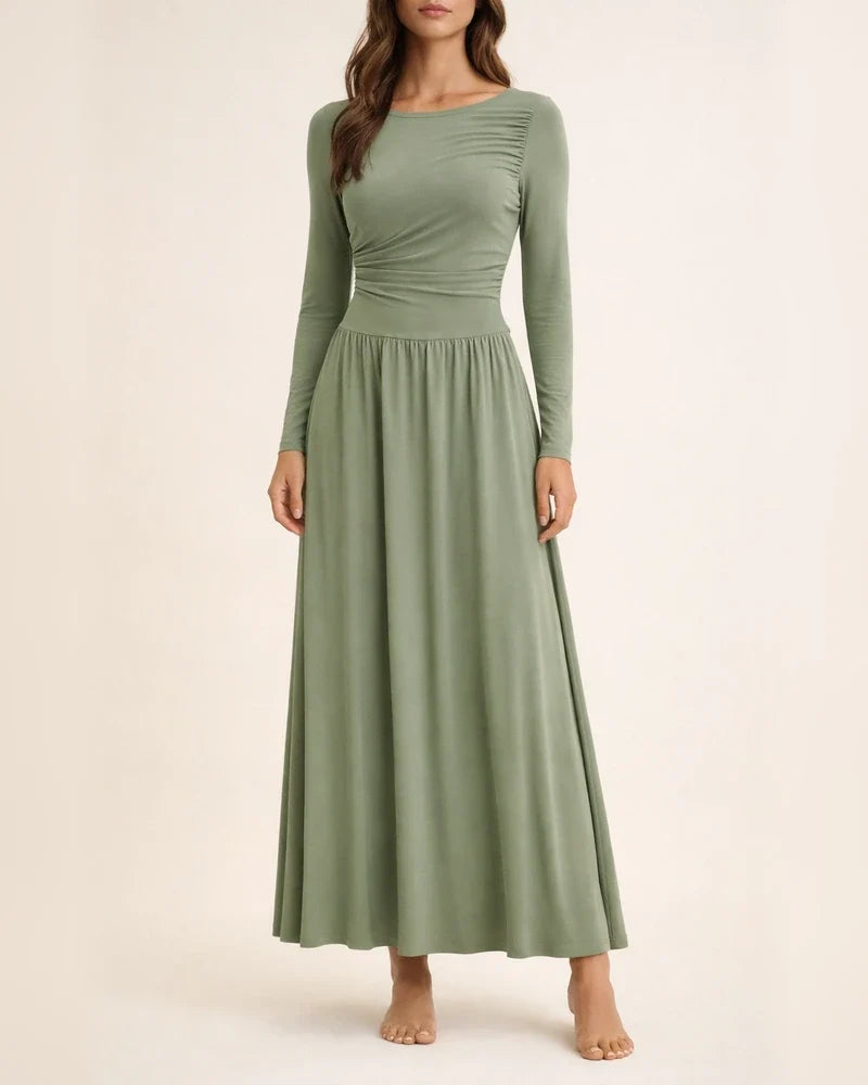 Women's Crew Neck Pleated Slim-Fit Long Sleeve Knit Dress with Waist Cinching | JRSEE:c3016877-684e-4f03-84f2-5bc894bdb232
