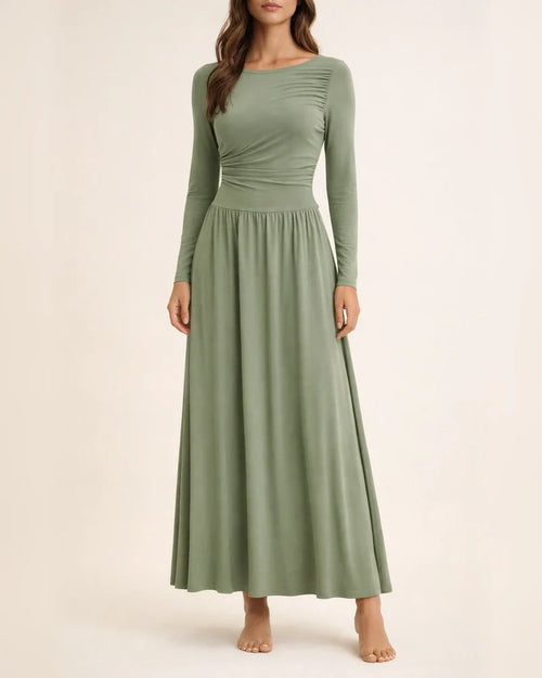 Women's Crew Neck Pleated Slim-Fit Long Sleeve Knit Dress with Waist Cinching | JRSEE:c3016877-684e-4f03-84f2-5bc894bdb232