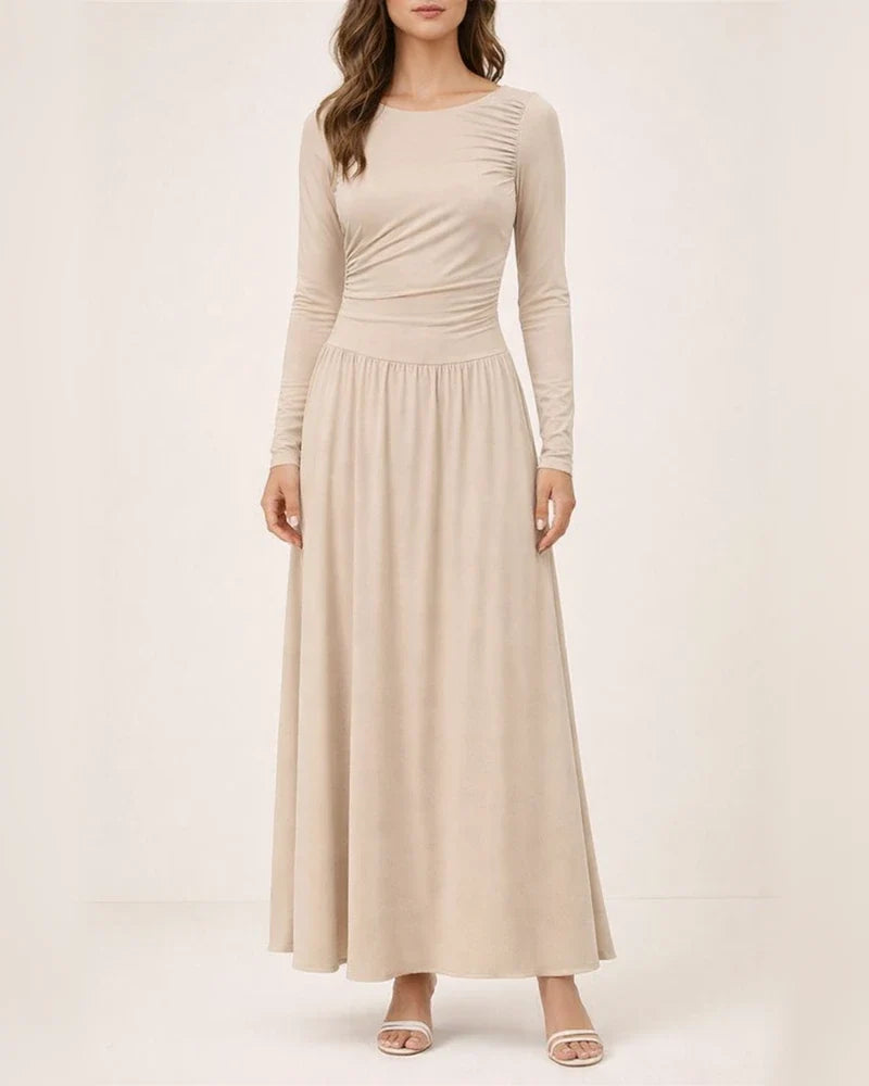 Women's Crew Neck Pleated Slim-Fit Long Sleeve Knit Dress with Waist Cinching | JRSEE:9ff6e56b-1e1f-46f4-8362-a28fa9dac8af