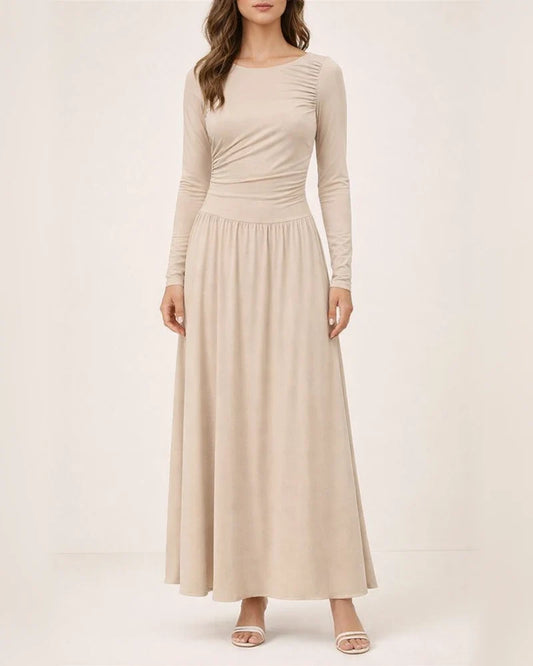 Women's Crew Neck Pleated Slim-Fit Long Sleeve Knit Dress with Waist Cinching | JRSEE:9ff6e56b-1e1f-46f4-8362-a28fa9dac8af