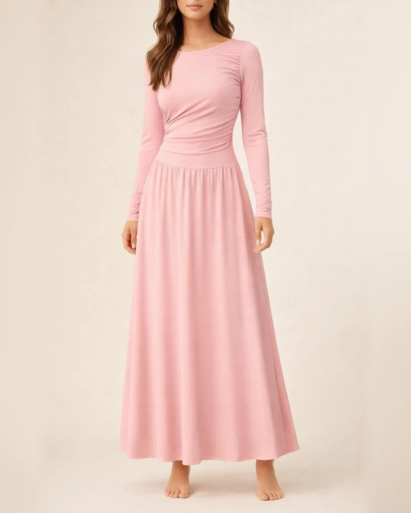 Women's Crew Neck Pleated Slim-Fit Long Sleeve Knit Dress with Waist Cinching | JRSEE:c97f2df0-20b0-4d8b-98f3-59e511046196