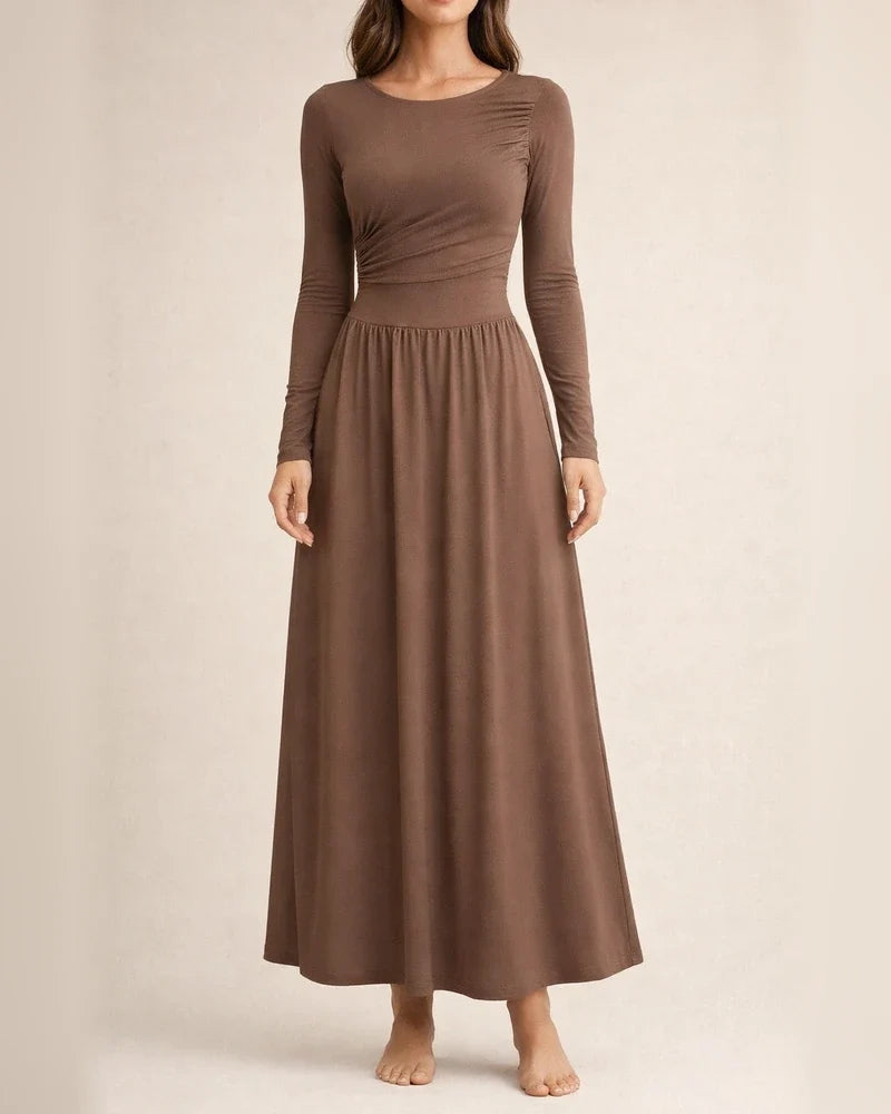 Women's Crew Neck Pleated Slim-Fit Long Sleeve Knit Dress with Waist Cinching | JRSEE:0608ed1a-b057-4cfd-aa85-1e325ff027d4