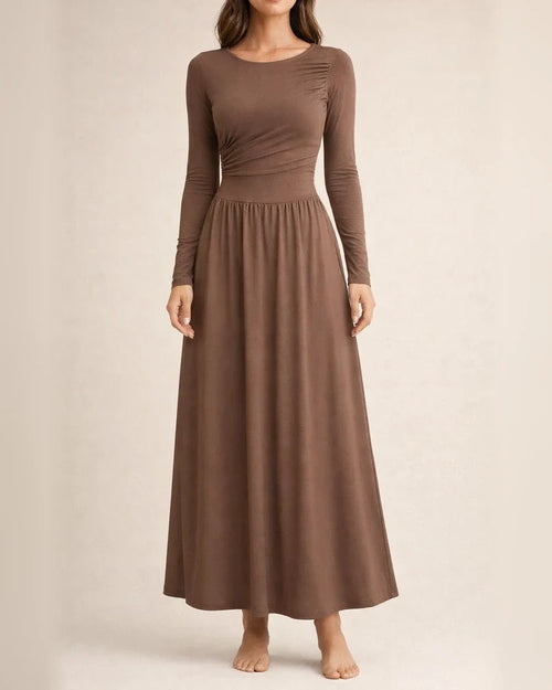 Women's Crew Neck Pleated Slim-Fit Long Sleeve Knit Dress with Waist Cinching | JRSEE:0608ed1a-b057-4cfd-aa85-1e325ff027d4
