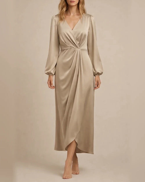 Women's Cross-Over Neckline Pleated Slit Puff Sleeve Asymmetric Long Sleeve Dress | JRSEE:da1a9686-c9b2-47b0-a913-c4f10e4f9ac2