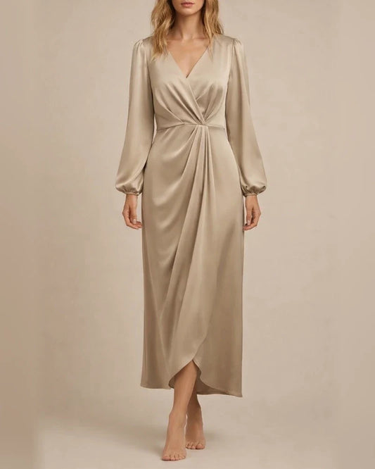 Women's Cross-Over Neckline Pleated Slit Puff Sleeve Asymmetric Long Sleeve Dress | JRSEE:da1a9686-c9b2-47b0-a913-c4f10e4f9ac2