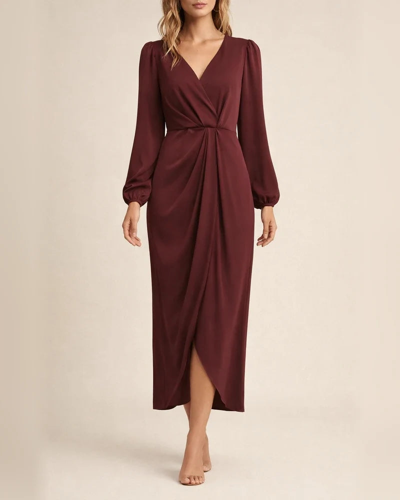 Women's Cross-Over Neckline Pleated Slit Puff Sleeve Asymmetric Long Sleeve Dress | JRSEE:330dad2a-f5f9-41d8-8270-2900d048e1fc
