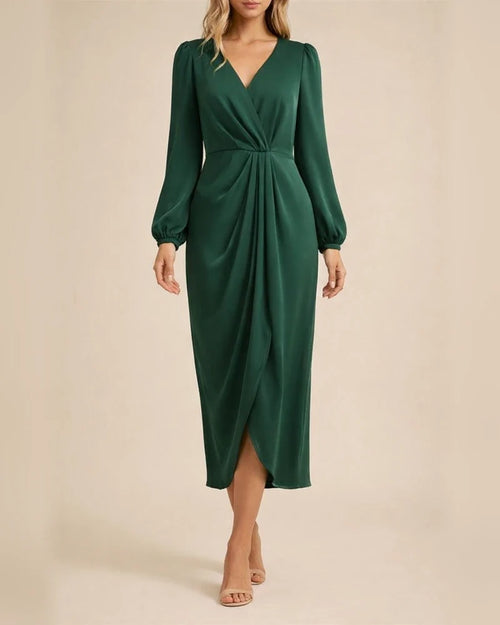 Women's Cross-Over Neckline Pleated Slit Puff Sleeve Asymmetric Long Sleeve Dress | JRSEE:b5f38ae9-c30d-4115-9017-e62381fe48c7