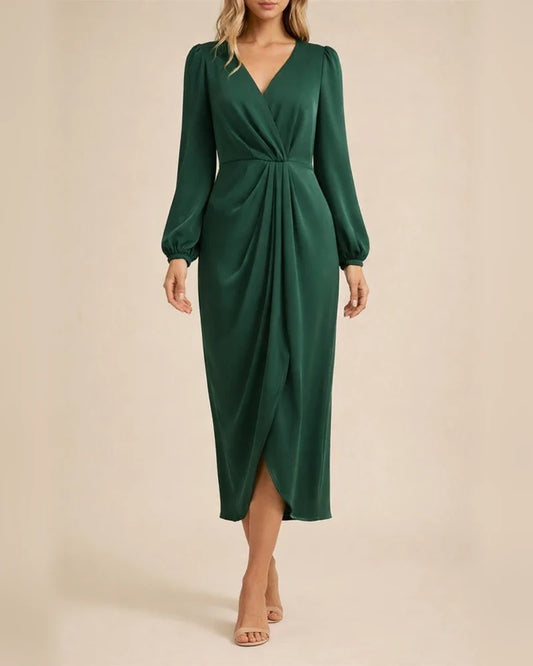 Women's Cross-Over Neckline Pleated Slit Puff Sleeve Asymmetric Long Sleeve Dress | JRSEE:b5f38ae9-c30d-4115-9017-e62381fe48c7
