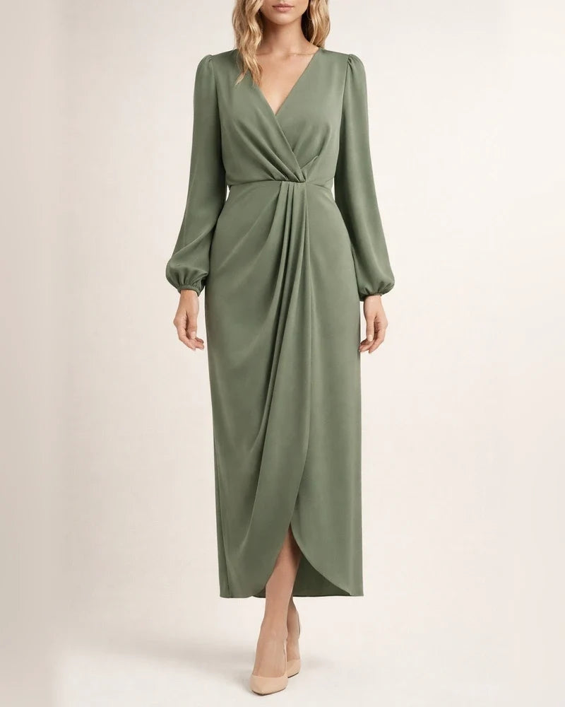 Women's Cross-Over Neckline Pleated Slit Puff Sleeve Asymmetric Long Sleeve Dress | JRSEE:21a29749-6678-401a-9425-e264e85b9bd2