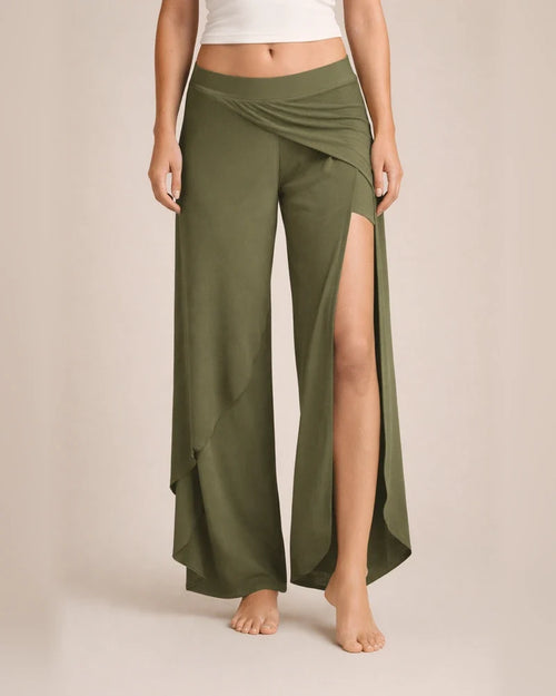 Women's Culottes Wide Leg Chinos Pants Trousers Wine Army Green Dark Gray Mid Waist Basic Casual / Sporty Casual Daily Yoga Ruffle Layered Stretchy Letter S M L XL XXL / Loose Fit / Split / Split | JRSEE:89c63b04-5ddc-4d3d-996c-aa461a19c9c2