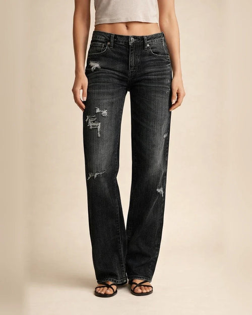 Women's Denim Pants - Trendy Distressed Mid-Rise Ripped Casual Straight-Leg Full-Length Pants | JRSEE:eef7f3ed-c39a-46de-abb8-6768e4d40124