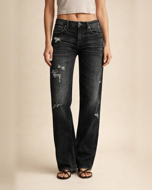 Women's Denim Pants - Trendy Distressed Mid-Rise Ripped Casual Straight-Leg Full-Length Pants | JRSEE:eef7f3ed-c39a-46de-abb8-6768e4d40124