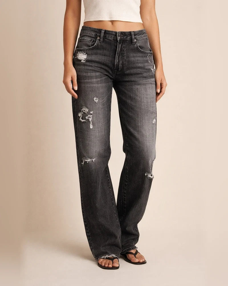Women's Denim Pants - Trendy Distressed Mid-Rise Ripped Casual Straight-Leg Full-Length Pants | JRSEE:d909fd1b-5c1d-4866-86d4-68fce3798118