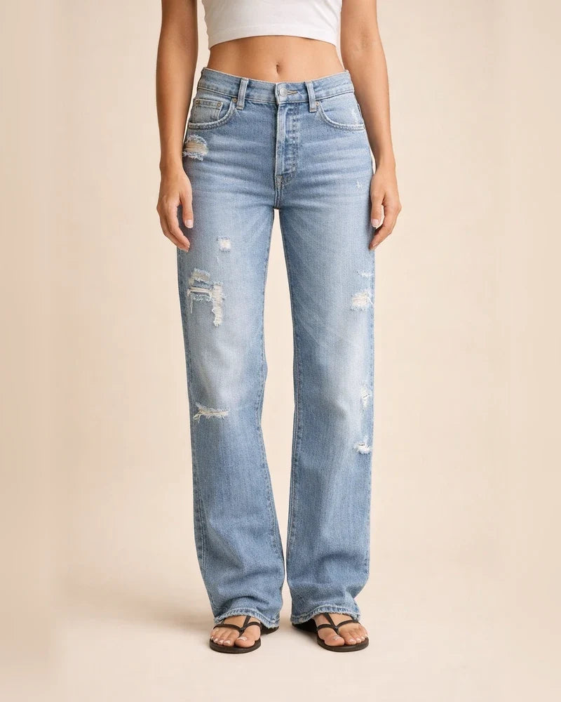 Women's Denim Pants - Trendy Distressed Mid-Rise Ripped Casual Straight-Leg Full-Length Pants | JRSEE:4ab1143d-1b97-4e9d-95bf-8b19d4e25d10