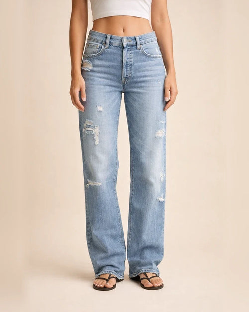 Women's Denim Pants - Trendy Distressed Mid-Rise Ripped Casual Straight-Leg Full-Length Pants | JRSEE:4ab1143d-1b97-4e9d-95bf-8b19d4e25d10