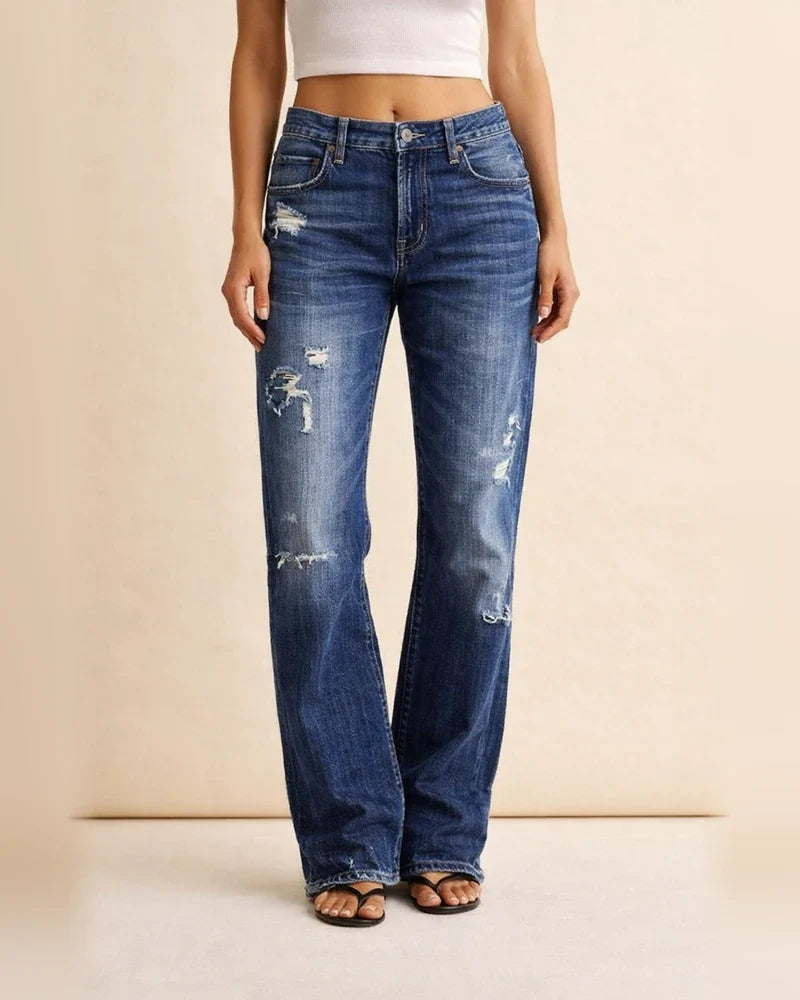 Women's Denim Pants - Trendy Distressed Mid-Rise Ripped Casual Straight-Leg Full-Length Pants | JRSEE:6aa28c31-df69-4722-999a-120f698e34ff