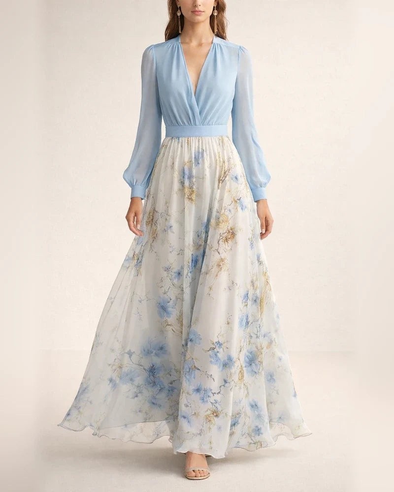 Women's Digital Print Long Sleeve V-Neck Long Dress Oversized Skirt Dress | JRSEE:bb67c27c-1edf-4ef1-b95e-9d17c2a3bdce