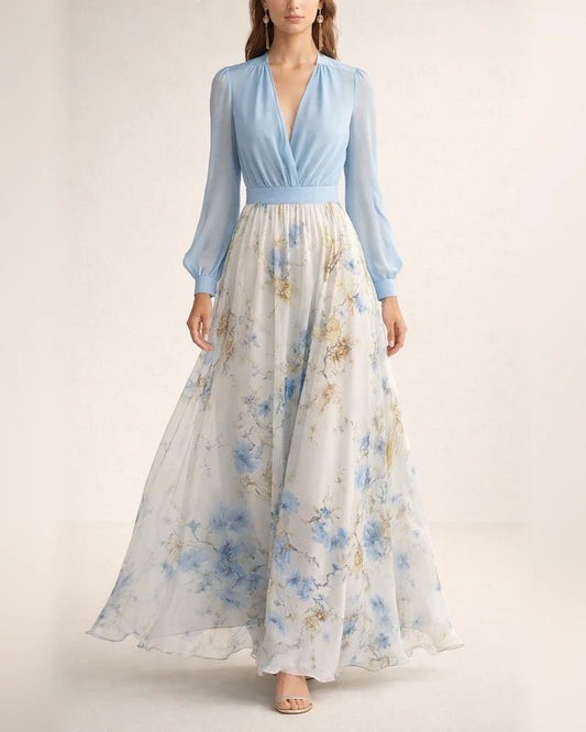 Women's Digital Print Long Sleeve V-Neck Long Dress Oversized Skirt Dress | JRSEE:bb67c27c-1edf-4ef1-b95e-9d17c2a3bdce