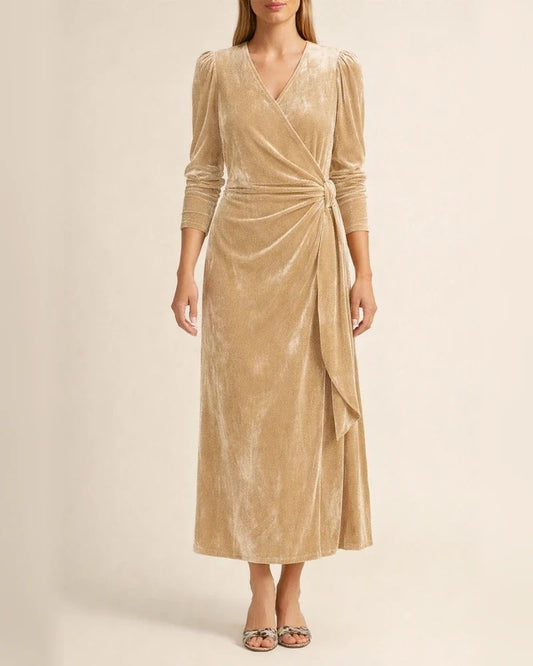 Women's Dresses French Design Elegant Long Sleeve Evening Gold Velvet Skirt Solid Color V Neck Tie High Waist Skirt | JRSEE:e3018f88-8fe8-4907-a4f1-c2814c56dc58