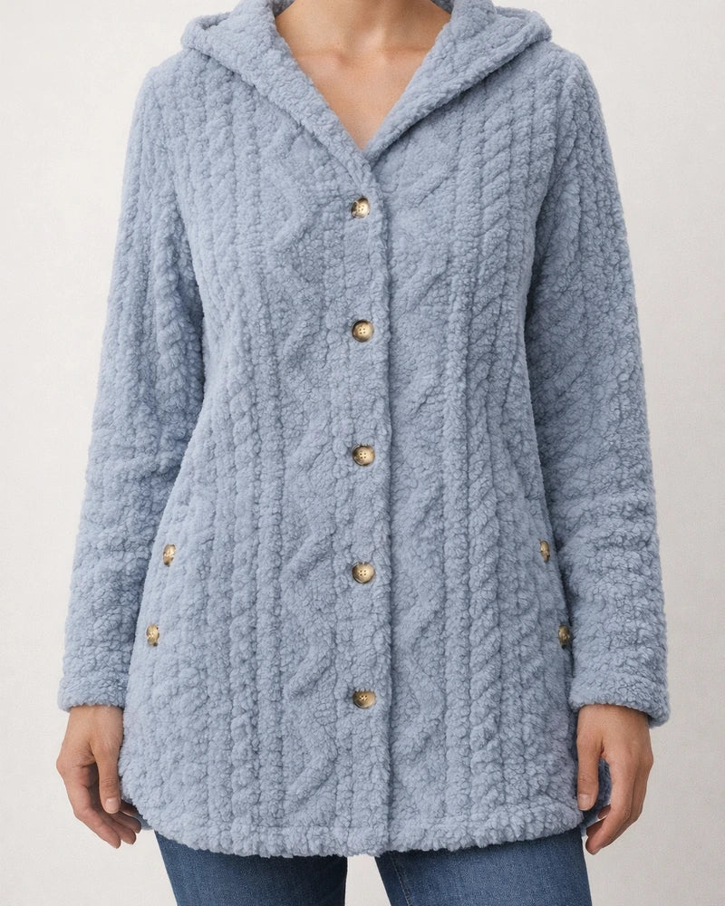 Women's Fall and Winter Hooded Solid Color Cardigan Buttons Long-sleeved Casual Jacket | JRSEE:cb1d652f-2768-4cba-8238-05e9e1b840ef