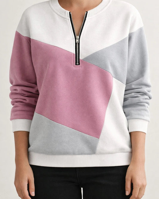 Women's Fall/Winter Color-Blocked Relaxed Fit Long Sleeve V-Neck Hoodie with Zipper | JRSEE:c8af9ea7-c463-4f36-af90-a8383d91596e
