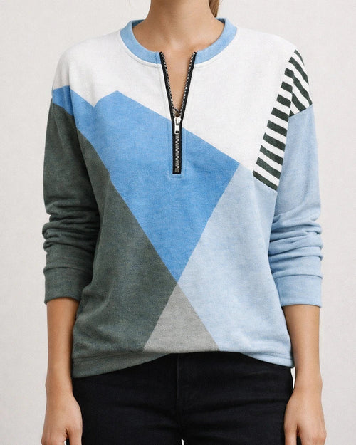 Women's Fall/Winter Color-Blocked Relaxed Fit Long Sleeve V-Neck Hoodie with Zipper | JRSEE:1c58a70e-2ee8-4bc3-a748-f8fa8fd55e77