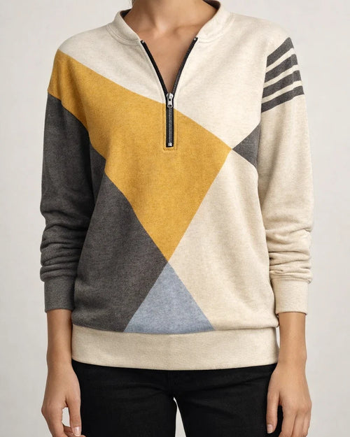 Women's Fall/Winter Color-Blocked Relaxed Fit Long Sleeve V-Neck Hoodie with Zipper | JRSEE:e5462540-40fd-4960-95e0-a15df1afd1e7