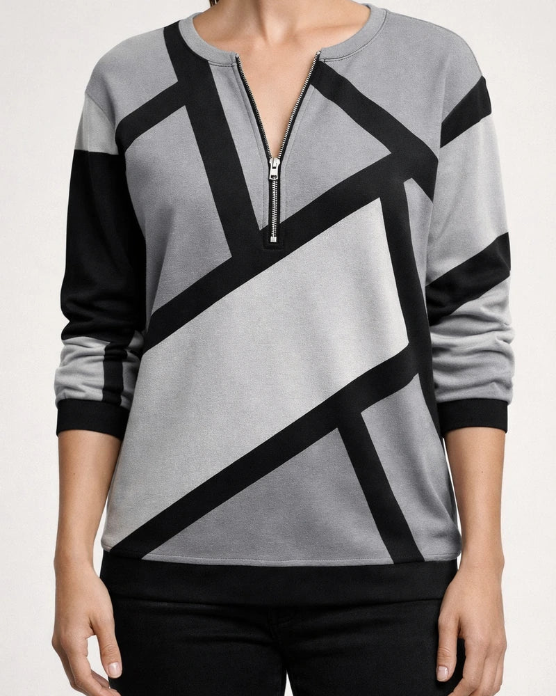 Women's Fall/Winter Color-Blocked Relaxed Fit Long Sleeve V-Neck Hoodie with Zipper | JRSEE:520d68a2-ba50-48e9-9487-c87359ab77f0