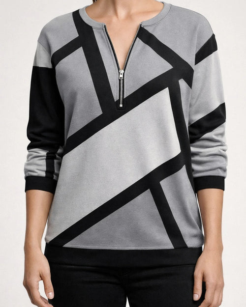 Women's Fall/Winter Color-Blocked Relaxed Fit Long Sleeve V-Neck Hoodie with Zipper | JRSEE:520d68a2-ba50-48e9-9487-c87359ab77f0
