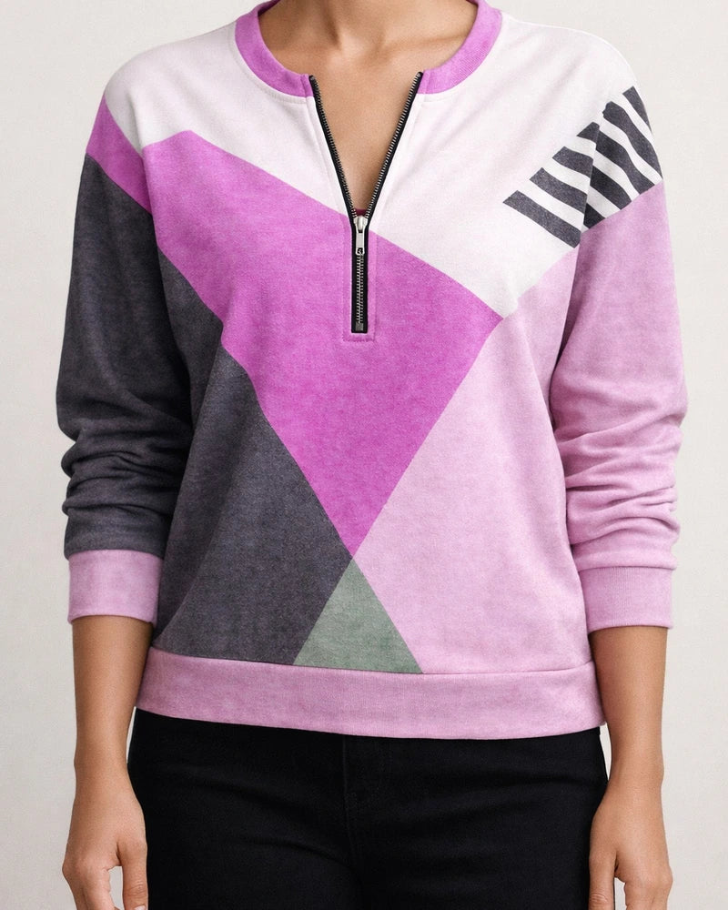 Women's Fall/Winter Color-Blocked Relaxed Fit Long Sleeve V-Neck Hoodie with Zipper | JRSEE:c591471b-17be-4f4b-9478-d3dbef5f7457