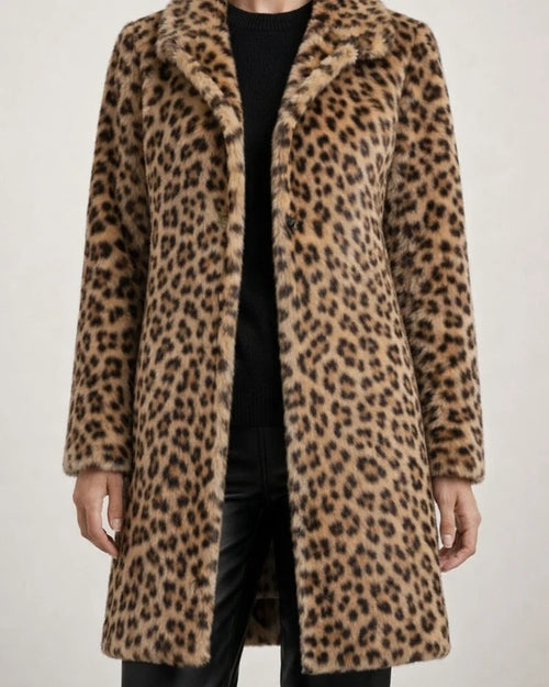 Women's Fall/Winter Fashion Leopard Print Faux Fur Mid-Length Coat | JRSEE:9212dc79-995f-4447-8c6f-16e33cb2de19