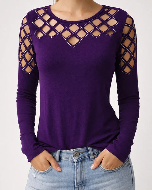Women's Fall/Winter Lace-Up Rhinestone Long Sleeve T-Shirt Top | JRSEE:d0f0e862-25cb-4b9e-9c27-9d3956e4bc69