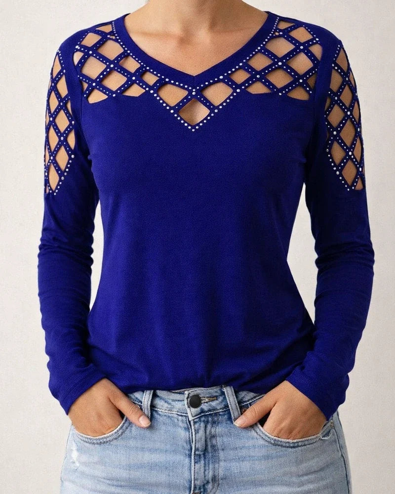 Women's Fall/Winter Lace-Up Rhinestone Long Sleeve T-Shirt Top | JRSEE:a5dbf10b-ea8e-4f9b-a12a-729abbf29824