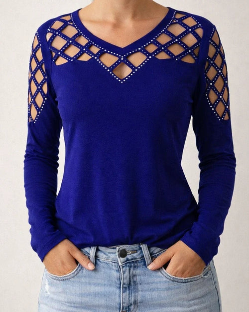 Women's Fall/Winter Lace-Up Rhinestone Long Sleeve T-Shirt Top | JRSEE:a5dbf10b-ea8e-4f9b-a12a-729abbf29824