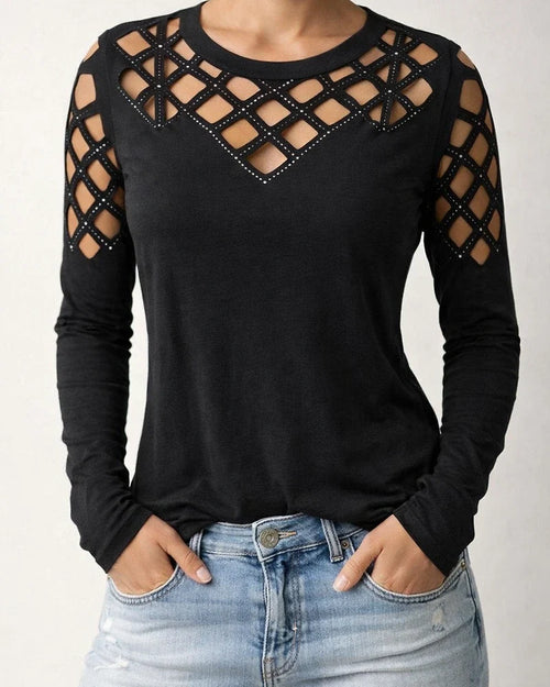 Women's Fall/Winter Lace-Up Rhinestone Long Sleeve T-Shirt Top | JRSEE:0f74fd0e-d1ae-41f4-9287-a977df4321a1