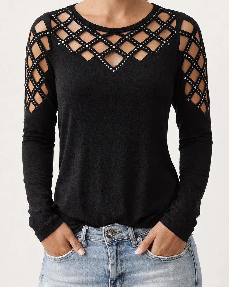 Women's Fall/Winter Lace-Up Rhinestone Long Sleeve T-Shirt Top | JRSEE:6179f467-7c91-4d16-81f2-ac1090a14183