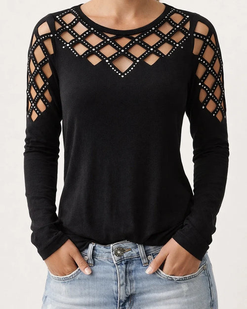 Women's Fall/Winter Lace-Up Rhinestone Long Sleeve T-Shirt Top | JRSEE:6179f467-7c91-4d16-81f2-ac1090a14183