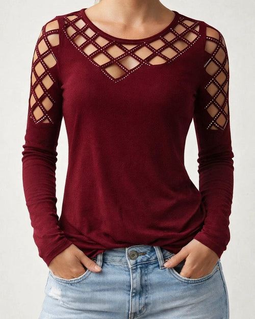 Women's Fall/Winter Lace-Up Rhinestone Long Sleeve T-Shirt Top | JRSEE:a9668baf-a797-410e-9948-5239841b627d