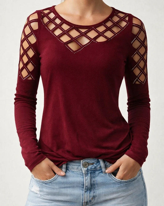 Women's Fall/Winter Lace-Up Rhinestone Long Sleeve T-Shirt Top | JRSEE:a9668baf-a797-410e-9948-5239841b627d