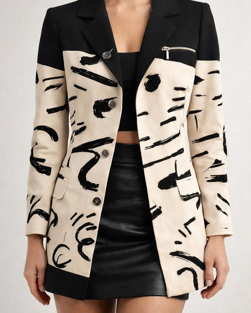 Women's Fall/Winter Long-Sleeve Zipper Color-Block Printed Checkered Letter Collar Blazer | JRSEE:0575c11e-6b52-416f-bf4b-d32bf8f65879