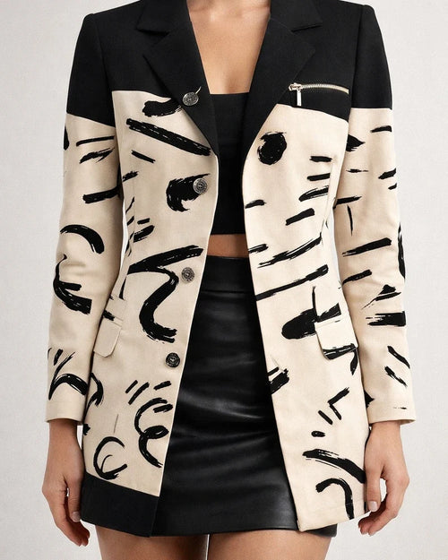 Women's Fall/Winter Long-Sleeve Zipper Color-Block Printed Checkered Letter Collar Blazer | JRSEE:0575c11e-6b52-416f-bf4b-d32bf8f65879
