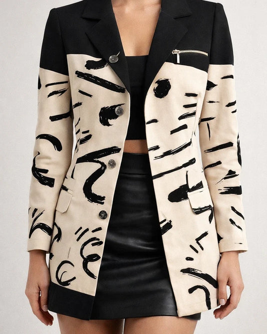 Women's Fall/Winter Long-Sleeve Zipper Color-Block Printed Checkered Letter Collar Blazer | JRSEE:0575c11e-6b52-416f-bf4b-d32bf8f65879