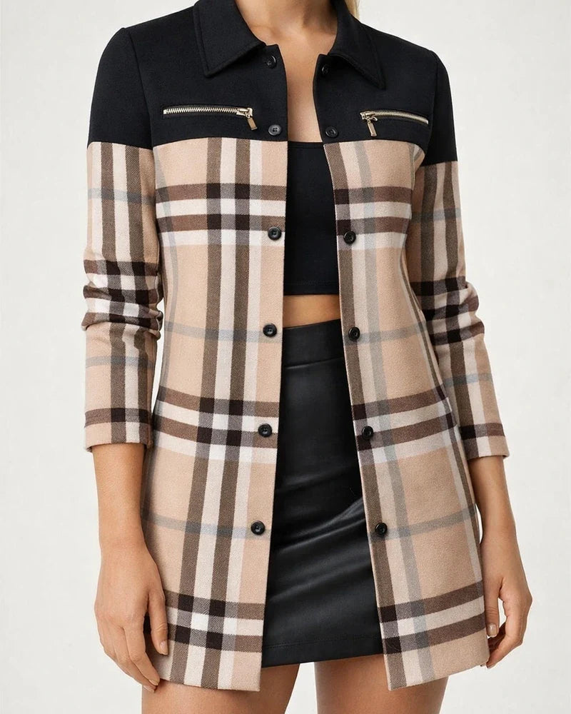 Women's Fall/Winter Long-Sleeve Zipper Color-Block Printed Checkered Letter Collar Blazer | JRSEE:60c89b0e-65ce-4ad7-ac2b-7b4a0cf57051