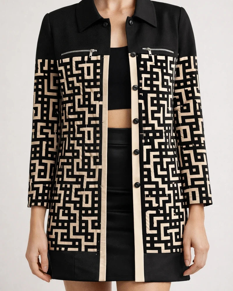Women's Fall/Winter Long-Sleeve Zipper Color-Block Printed Checkered Letter Collar Blazer | JRSEE:727237ff-69ed-484a-8ffc-8dbc6751e8c8