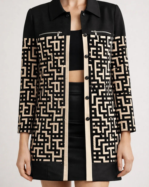 Women's Fall/Winter Long-Sleeve Zipper Color-Block Printed Checkered Letter Collar Blazer | JRSEE:727237ff-69ed-484a-8ffc-8dbc6751e8c8