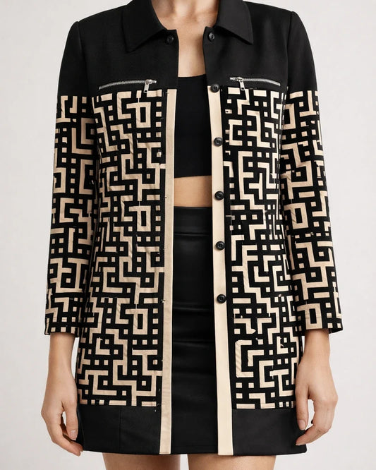 Women's Fall/Winter Long-Sleeve Zipper Color-Block Printed Checkered Letter Collar Blazer | JRSEE:727237ff-69ed-484a-8ffc-8dbc6751e8c8
