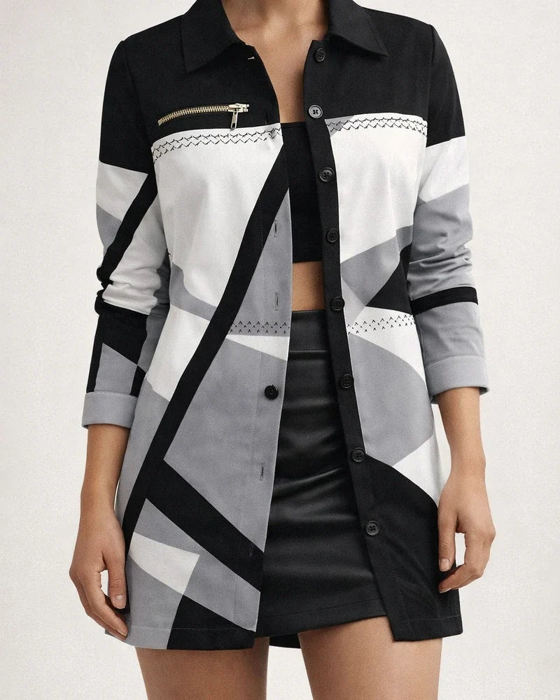Women's Fall/Winter Long-Sleeve Zipper Color-Block Printed Checkered Letter Collar Blazer | JRSEE:113367bb-85b2-45f7-ae86-9499af5215a2