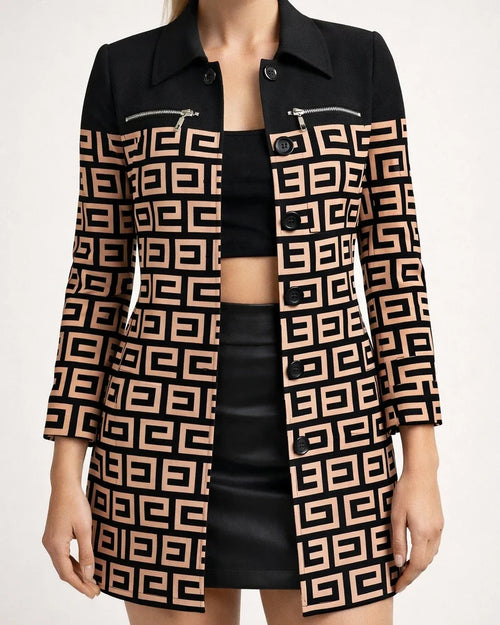 Women's Fall/Winter Long-Sleeve Zipper Color-Block Printed Checkered Letter Collar Blazer | JRSEE:6c18753d-57a5-4e8e-9f2f-c036bf020781