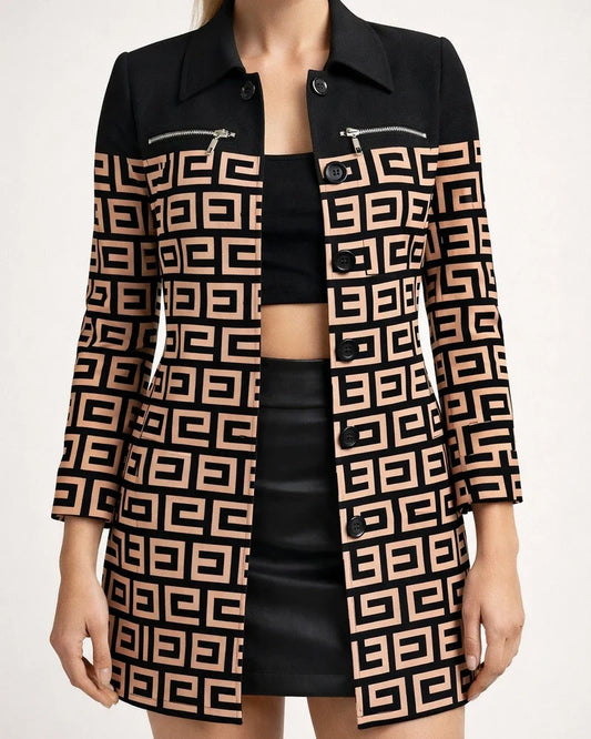 Women's Fall/Winter Long-Sleeve Zipper Color-Block Printed Checkered Letter Collar Blazer | JRSEE:6c18753d-57a5-4e8e-9f2f-c036bf020781