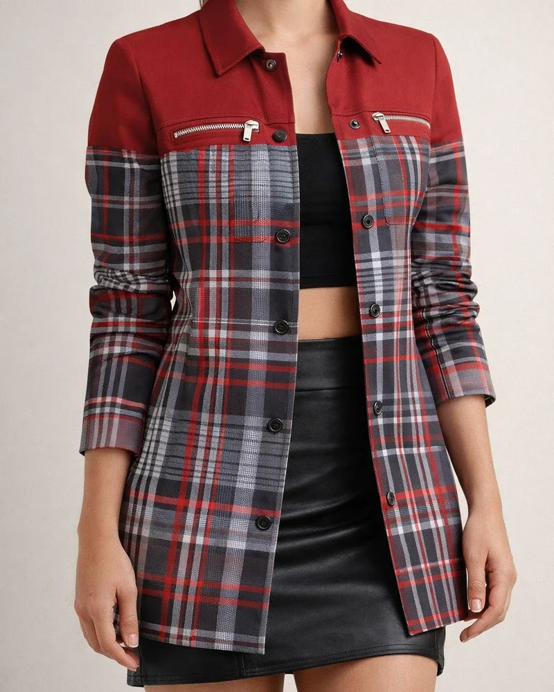 Women's Fall/Winter Long-Sleeve Zipper Color-Block Printed Checkered Letter Collar Blazer | JRSEE:56f3c2d6-cb79-4d57-ace3-f8746823f463